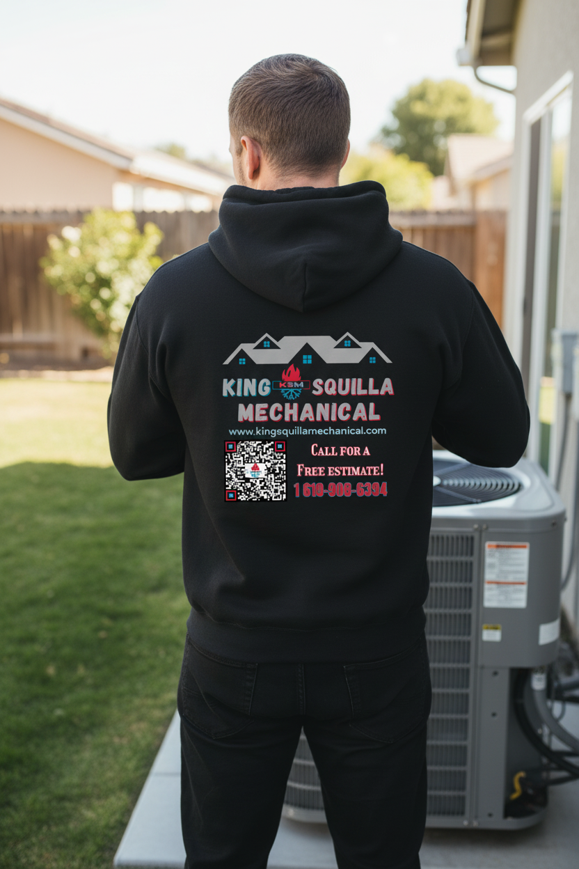 HVAC Technician wearing King Squilla Mechanical black hoodie back view at AC unit