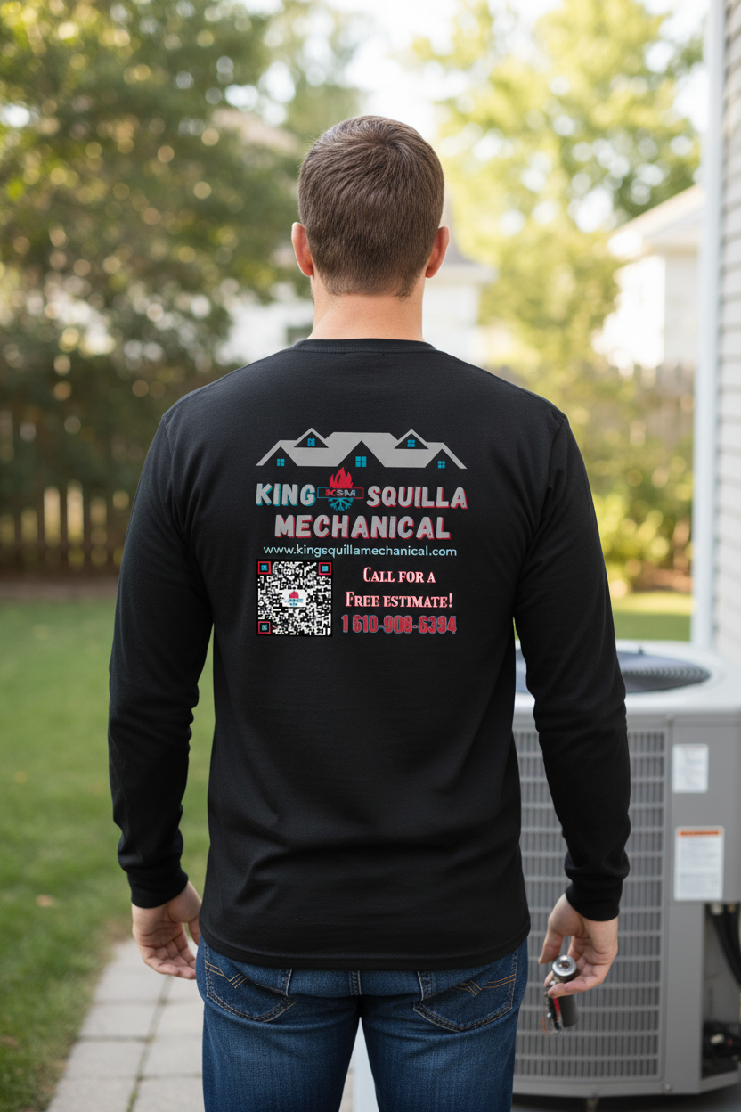 HVAC Technician wearing King Squilla Mechanical black long sleeve shirt back view at AC unit