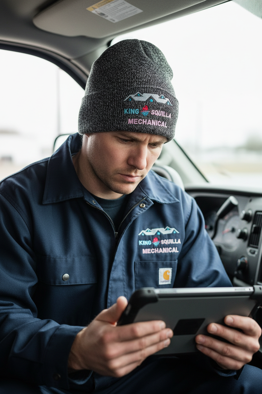 HVAC Technician wearing King Squilla Mechanical black/white beanie - truck cab