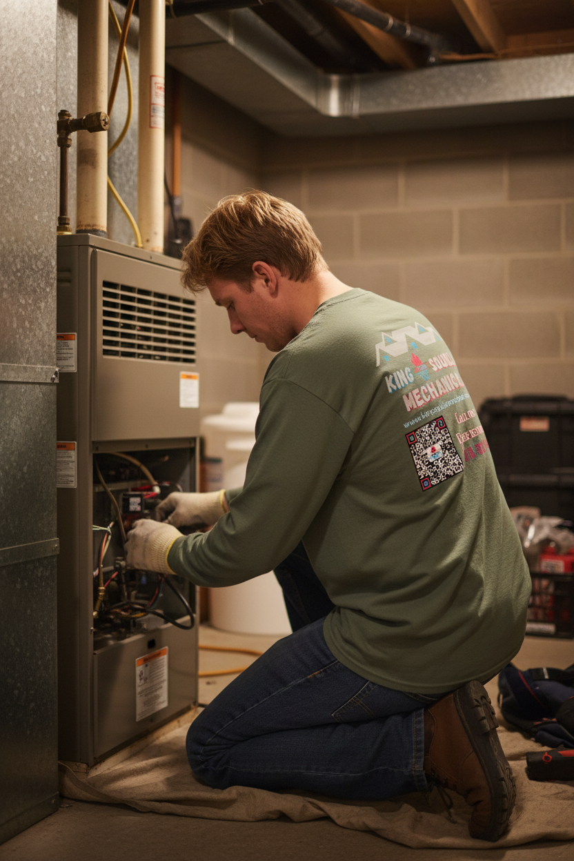 HVAC Technician wearing King Squilla Mechanical military green long sleeve shirt bent down inspecting heater