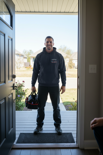 HVAC Technician wearing King Squilla Mechanical navy hoodie front door greeting from inside