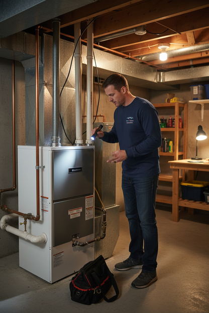 HVAC Technician wearing King Squilla Mechanical navy long sleeve shirt inspecting heater